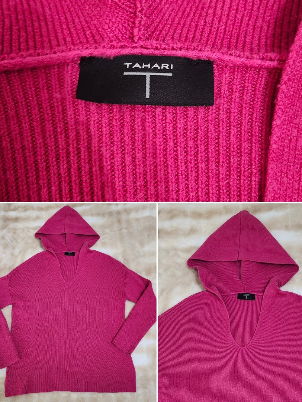 Tahari Bright Pink Ribbed Knit Sweater With Hood V Nevk